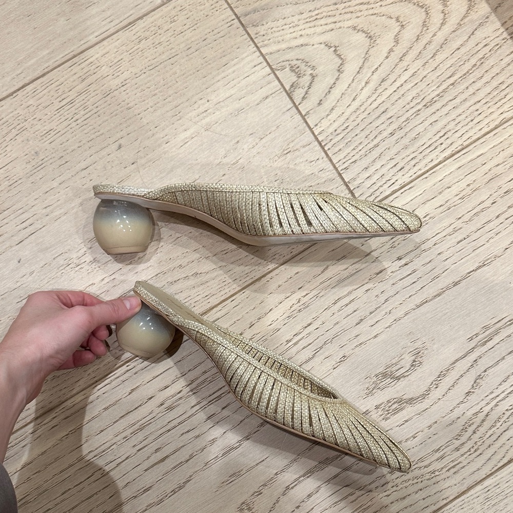 cult gaia Cream Glitter Slingback Mules with Pearl Ball Heels